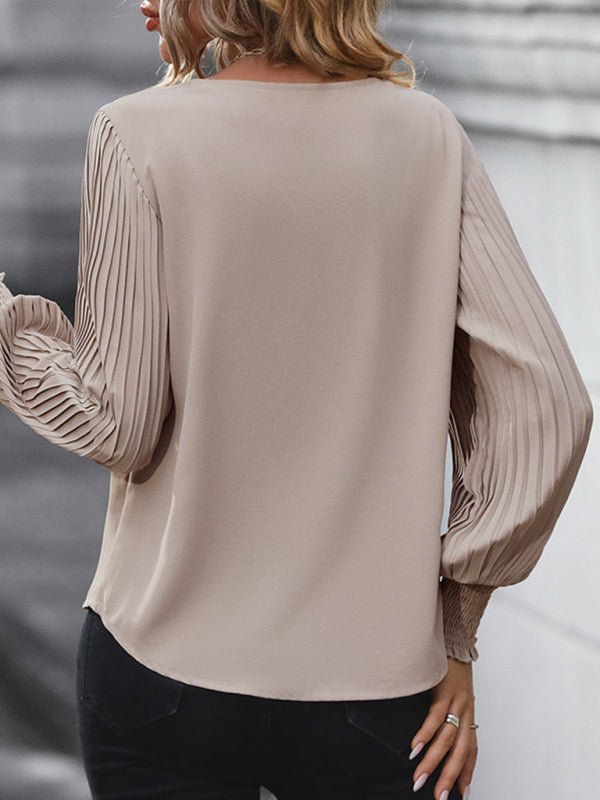 Solid V-Neck Blouse with Long Pleated Sleeves Blouses - Chuzko Women Clothing