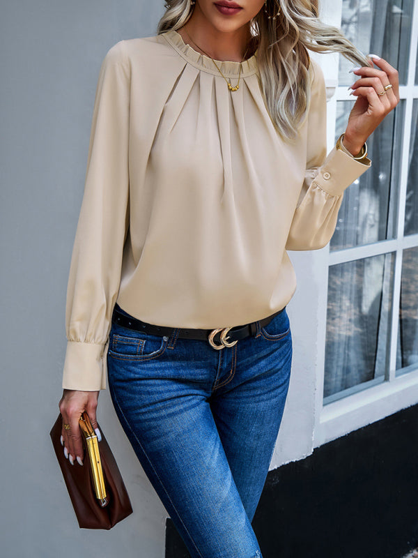 Solid Frill Round Neck Blouse with Elegant Long Sleeves Blouses - Chuzko Women Clothing