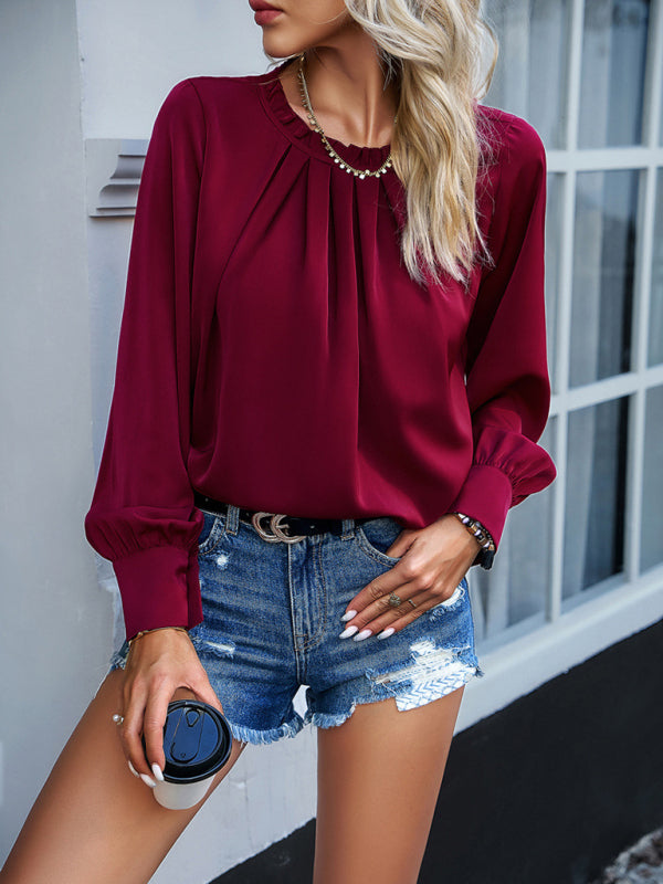 Solid Frill Round Neck Blouse with Elegant Long Sleeves Blouses - Chuzko Women Clothing