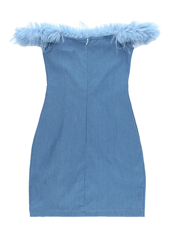 Denim Fitted Off-Shoulder Feather Tube Mini Dress Tube Dresses - Chuzko Women Clothing