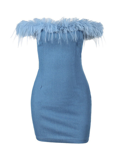 Denim Fitted Off-Shoulder Feather Tube Mini Dress Tube Dresses - Chuzko Women Clothing