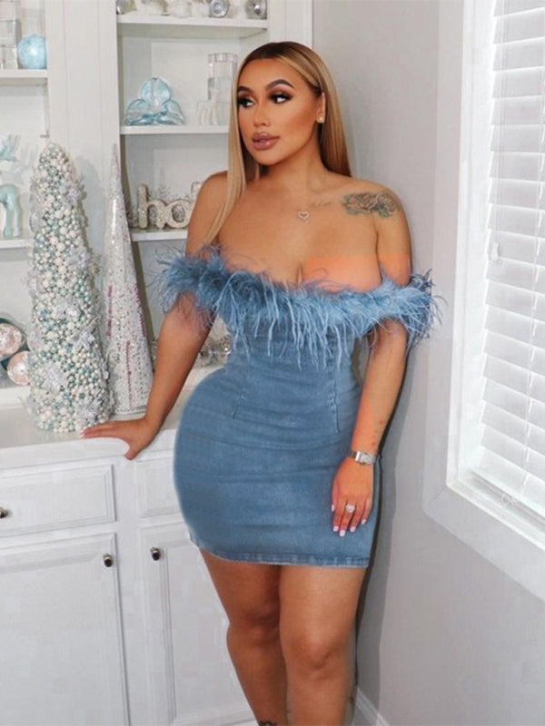 Denim Fitted Off-Shoulder Feather Tube Mini Dress Tube Dresses - Chuzko Women Clothing