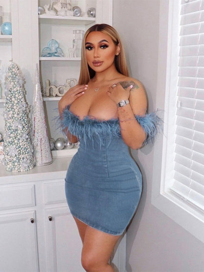 Denim Fitted Off-Shoulder Feather Tube Mini Dress Tube Dresses - Chuzko Women Clothing