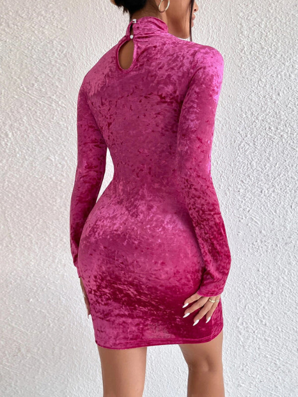 Elegant Velvet High Neck Long Sleeve Cutout Bodycon Mini Dress Velvet Dresses - Chuzko Women Clothing