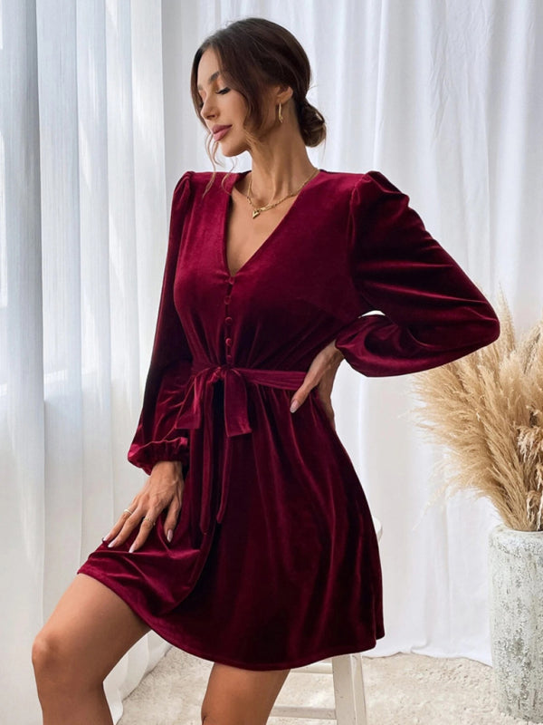 Elegant Velvet Lantern Sleeve Swing Bet-Tie Mini Dress Velvet Dresses - Chuzko Women Clothing