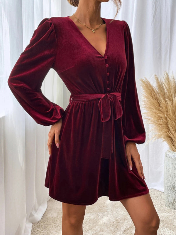 Elegant Velvet Lantern Sleeve Swing Bet-Tie Mini Dress Velvet Dresses - Chuzko Women Clothing