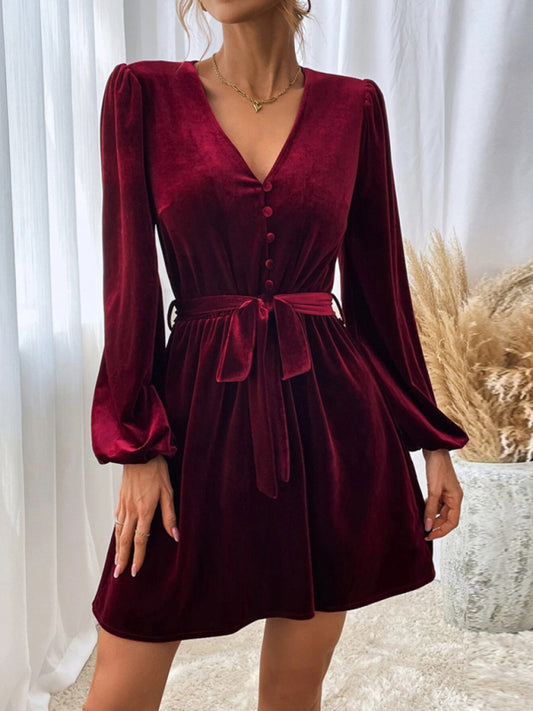 Elegant Velvet Lantern Sleeve Swing Bet-Tie Mini Dress Velvet Dresses - Chuzko Women Clothing