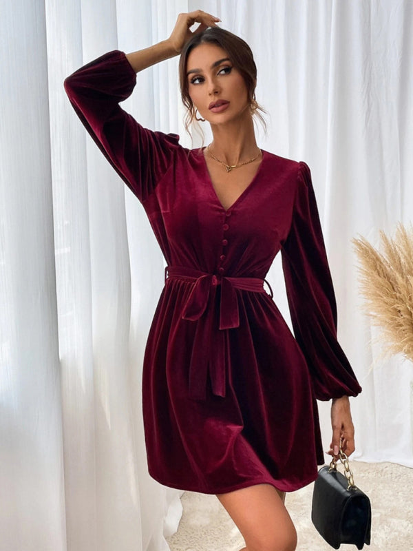 Elegant Velvet Lantern Sleeve Swing Bet-Tie Mini Dress Velvet Dresses - Chuzko Women Clothing