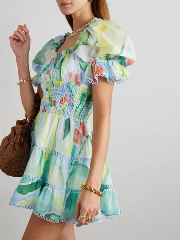 Elegant Floral Smocked Waist Puff Sleeve Tiered Mini Dress Floral Dresses - Chuzko Women Clothing