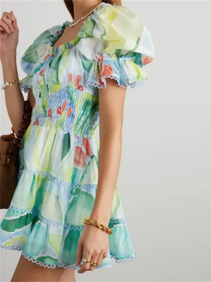 Elegant Floral Smocked Waist Puff Sleeve Tiered Mini Dress Floral Dresses - Chuzko Women Clothing