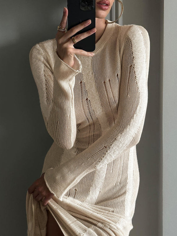Distressed Wool Long Sleeve Sheath Cashmere Maxi Dress Maxi Dresses - Chuzko Women Clothing