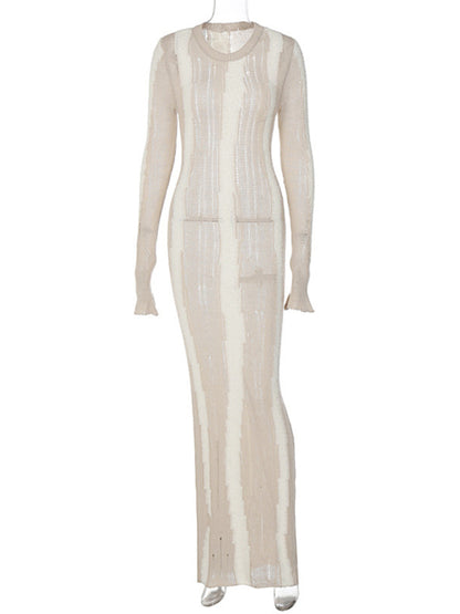 Distressed Wool Long Sleeve Sheath Cashmere Maxi Dress Maxi Dresses - Chuzko Women Clothing