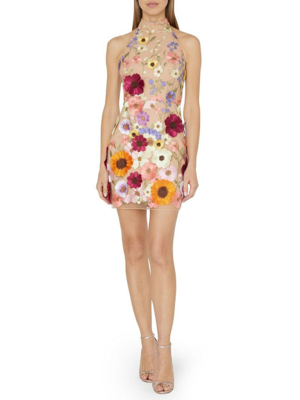 Bouquet Floral Applique Backless Halterneck Mini Dress Elegant Mini Dresses - Chuzko Women Clothing