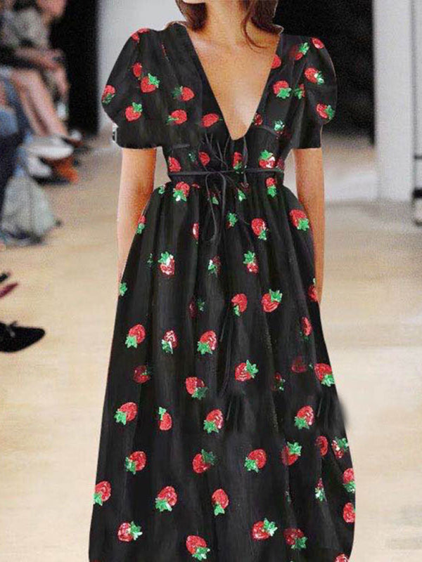 Tulle Strawberry Appliqué Fit & Flare Frill Plunge Midi Dress Tulle Midi Dress - Chuzko Women Clothing