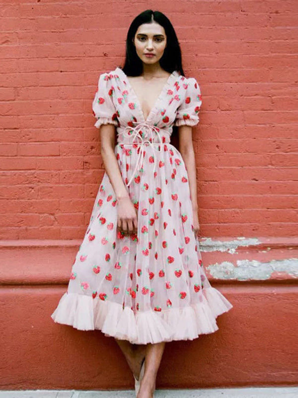 Tulle Strawberry Appliqué Fit & Flare Frill Plunge Midi Dress Tulle Midi Dress - Chuzko Women Clothing