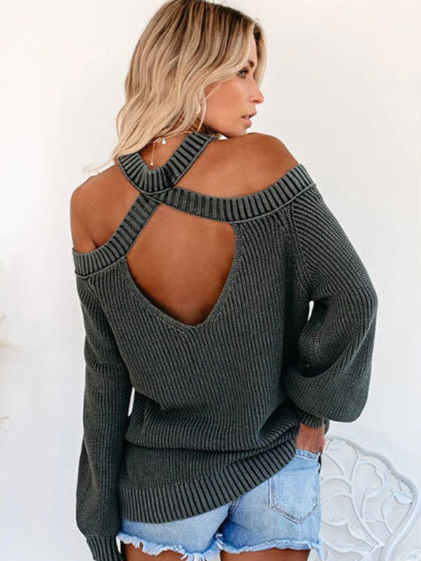 Cold-Shoulder Round Neck Knit Backless Sweater Jumper Sweaters - Chuzko Women Clothing