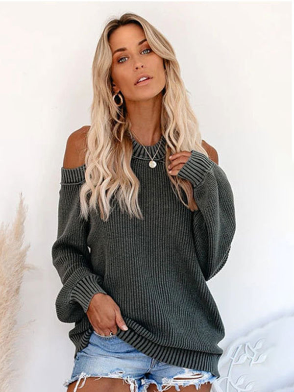 Cold-Shoulder Round Neck Knit Backless Sweater Jumper Sweaters - Chuzko Women Clothing