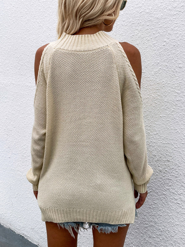 Cable Knit Cold Shoulder Sweater Sweaters - Chuzko Women Clothing