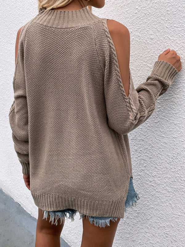 Cable Knit Cold Shoulder Sweater Sweaters - Chuzko Women Clothing