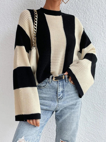 Waffle Stripe Color Block Knit Bell Sleeve Sweater Jumper Sweaters - Chuzko Women Clothing