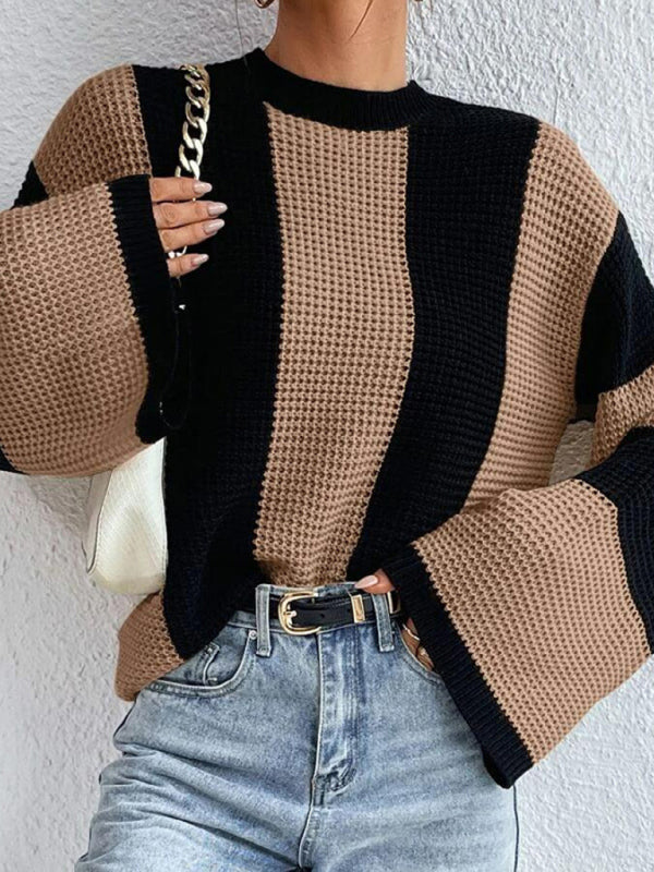 Waffle Stripe Color Block Knit Bell Sleeve Sweater Jumper Sweaters - Chuzko Women Clothing