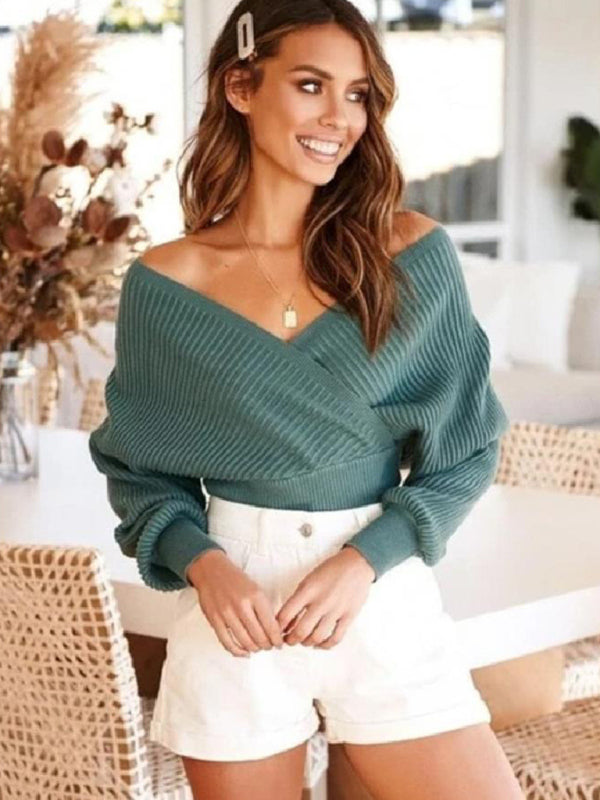 Solid Rib-Knitted Surplice V-Neck Bat-Sleeve Crop Sweater Sweaters - Chuzko Women Clothing