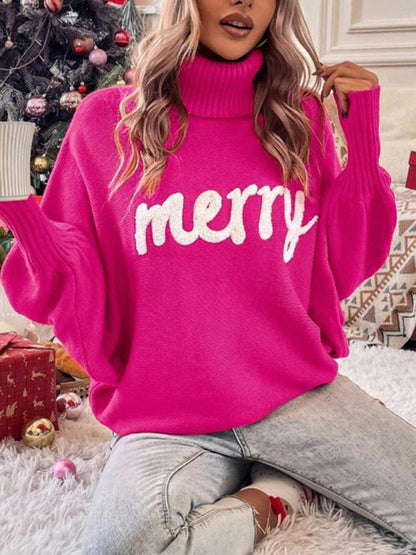 Merry Christmas Knit Turtleneck Bat Sleeve Sweater Christmas Sweaters - Chuzko Women Clothing