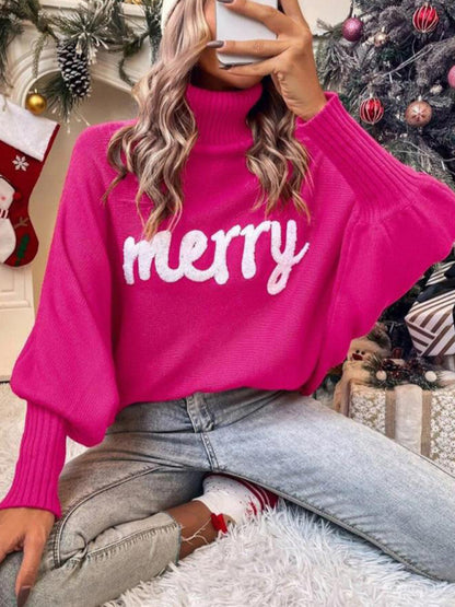 Merry Christmas Knit Turtleneck Bat Sleeve Sweater Christmas Sweaters - Chuzko Women Clothing