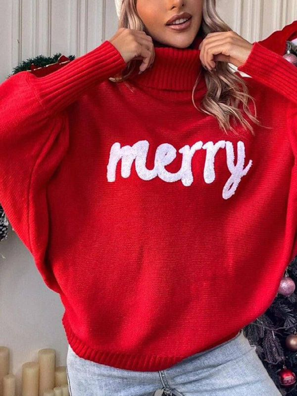 Merry Christmas Knit Turtleneck Bat Sleeve Sweater Christmas Sweaters - Chuzko Women Clothing