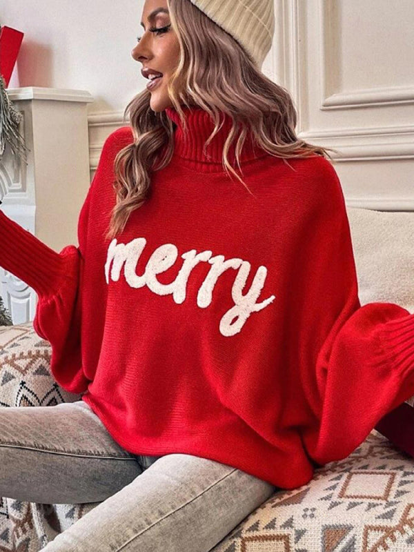 Merry Christmas Knit Turtleneck Bat Sleeve Sweater Christmas Sweaters - Chuzko Women Clothing