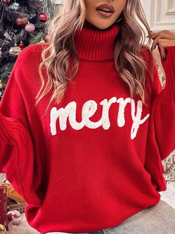 Merry Christmas Knit Turtleneck Bat Sleeve Sweater Christmas Sweaters - Chuzko Women Clothing