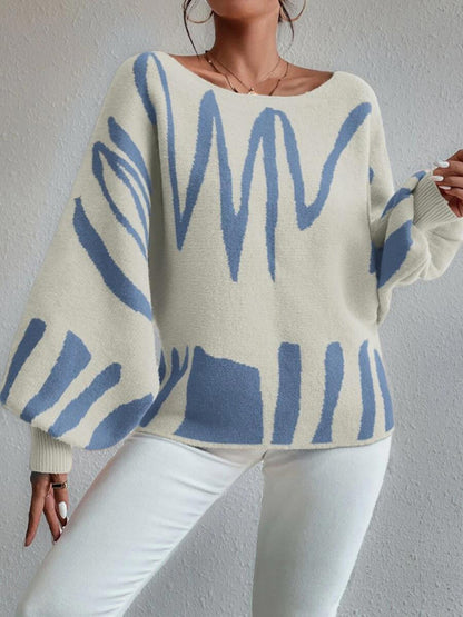 Abstract Knit Slouchy Boatneck Balloon Sleeve Sweater Jumper Sweaters - Chuzko Women Clothing