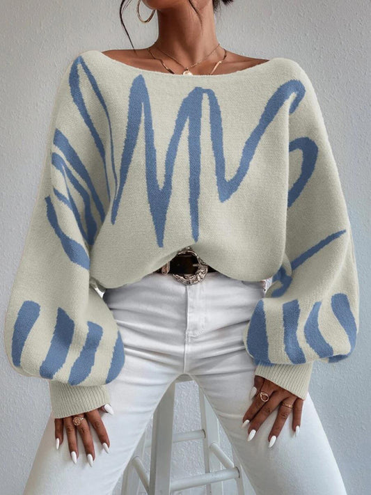 Abstract Knit Slouchy Boatneck Balloon Sleeve Sweater Jumper Sweaters - Chuzko Women Clothing