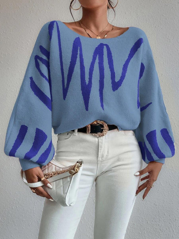 Abstract Knit Slouchy Boatneck Balloon Sleeve Sweater Jumper Sweaters - Chuzko Women Clothing