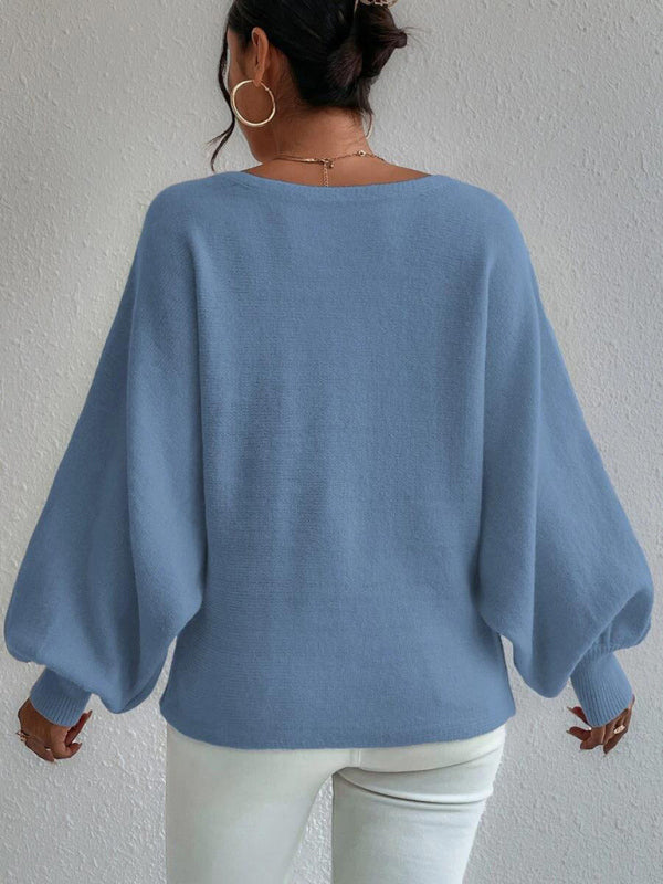 Abstract Knit Slouchy Boatneck Balloon Sleeve Sweater Jumper Sweaters - Chuzko Women Clothing