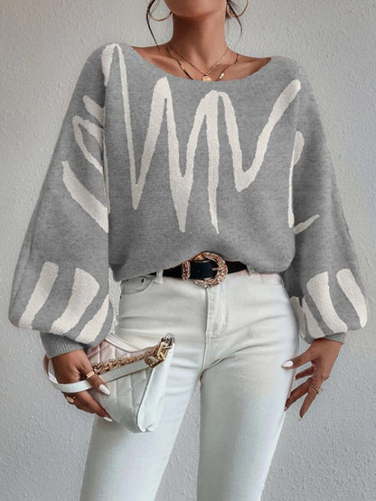 Abstract Knit Slouchy Boatneck Balloon Sleeve Sweater Jumper Sweaters - Chuzko Women Clothing