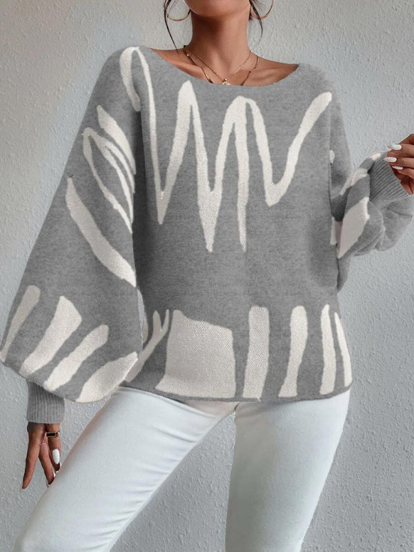 Abstract Knit Slouchy Boatneck Balloon Sleeve Sweater Jumper Sweaters - Chuzko Women Clothing