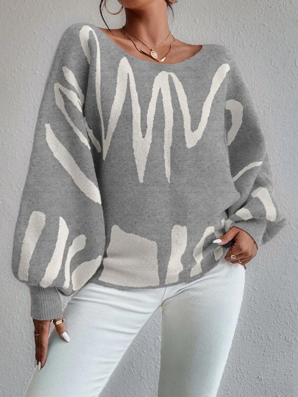 Abstract Knit Slouchy Boatneck Balloon Sleeve Sweater Jumper Sweaters - Chuzko Women Clothing