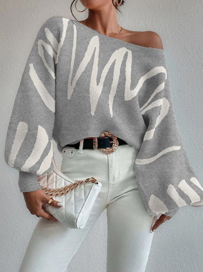 Abstract Knit Slouchy Boatneck Balloon Sleeve Sweater Jumper Sweaters - Chuzko Women Clothing