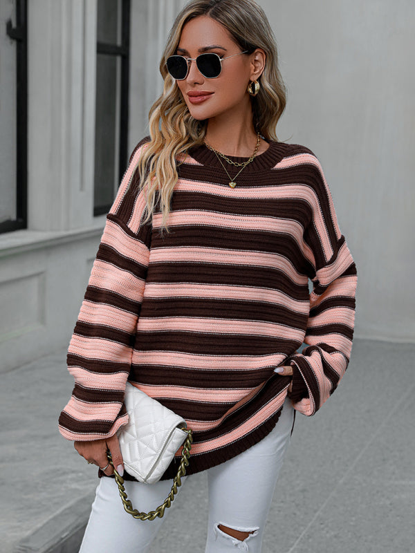 Oversized Stripe Knit Lantern Sleeve Sweater Jumper sweaters - Chuzko Women Clothing