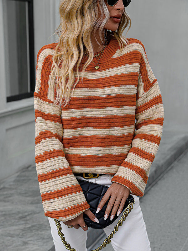 Oversized Stripe Knit Lantern Sleeve Sweater Jumper sweaters - Chuzko Women Clothing