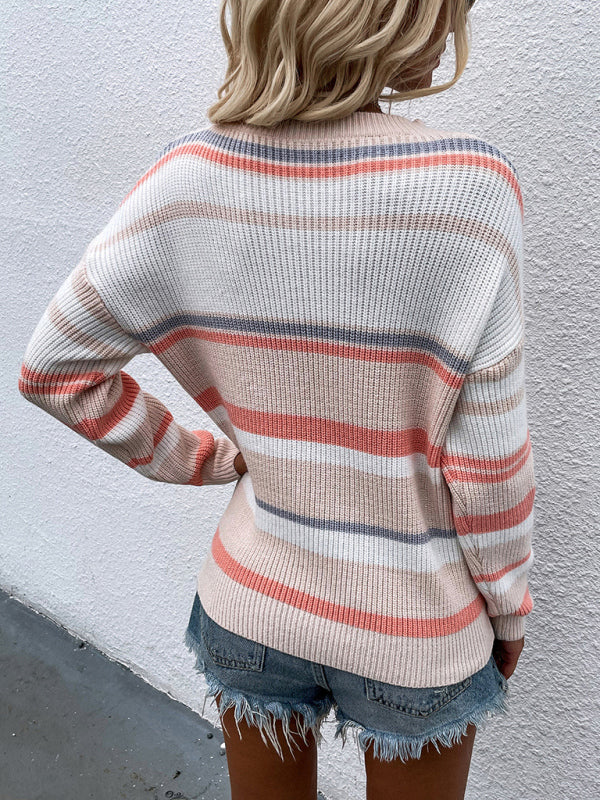 Striped Knitted Color Block Drop Shoulder Sweater Sweaters - Chuzko Women Clothing