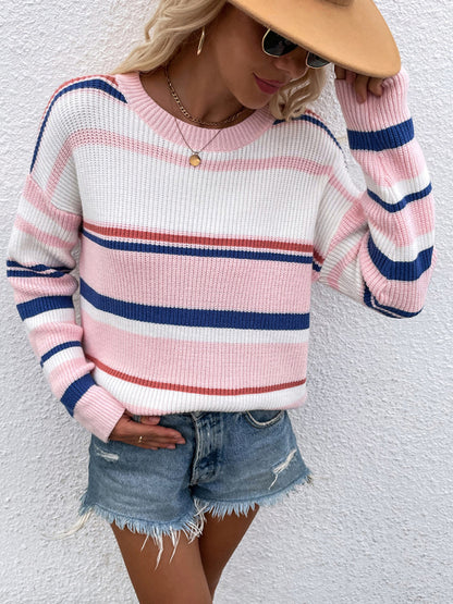 Striped Knitted Color Block Drop Shoulder Sweater Sweaters - Chuzko Women Clothing