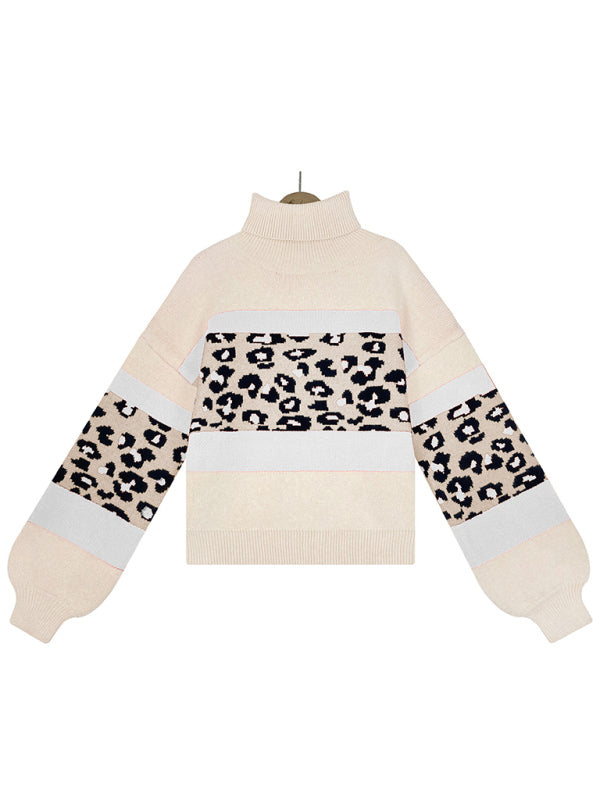 Leopard Color Block Knit Lantern Sleeve Turtleneck Sweater Jumper Sweaters - Chuzko Women Clothing