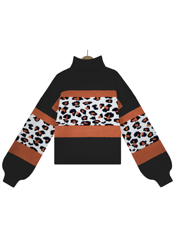 Leopard Color Block Knit Lantern Sleeve Turtleneck Sweater Jumper Sweaters - Chuzko Women Clothing