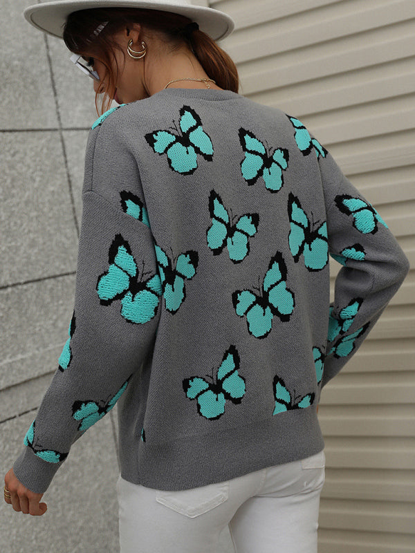 Butterfly Dropped Shoulder Crewneck Sweater Jumper Sweaters - Chuzko Women Clothing