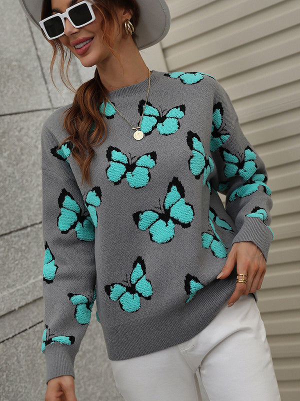 Butterfly Dropped Shoulder Crewneck Sweater Jumper Sweaters - Chuzko Women Clothing
