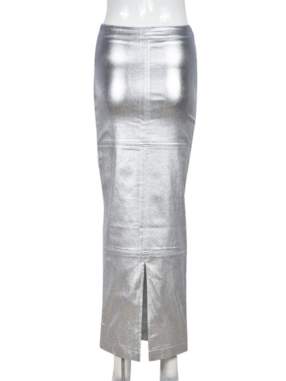 Metalic Faux Leather Pencil Slit Maxi Skirt Maxi Skirt - Chuzko Women Clothing