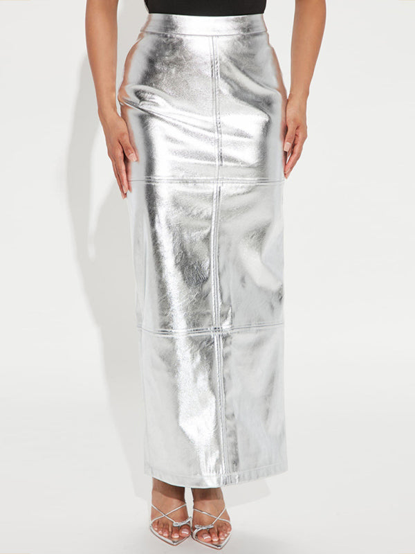 Metalic Faux Leather Pencil Slit Maxi Skirt Maxi Skirt - Chuzko Women Clothing