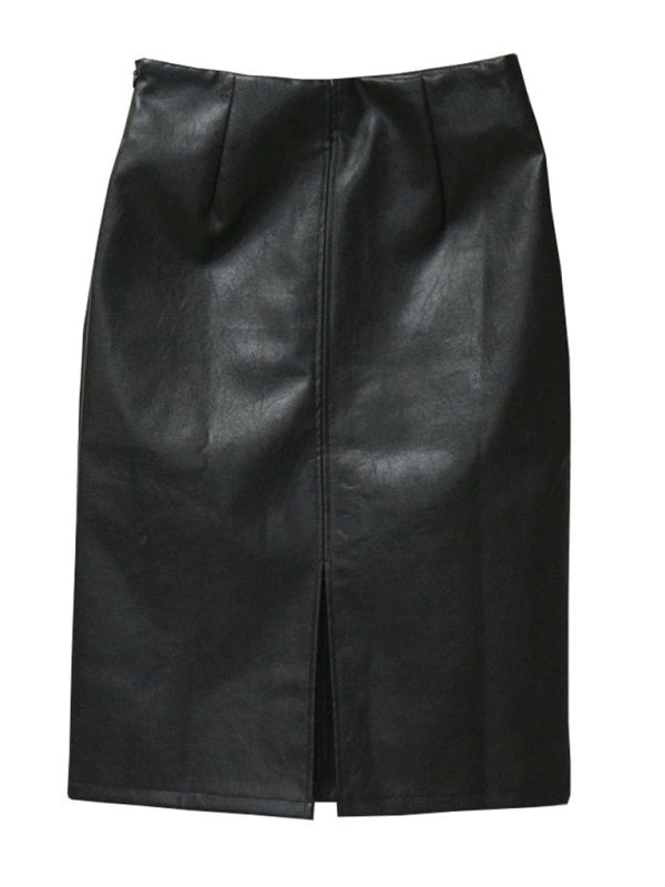 Faux Leather Pencil Slit Midi Skirt Leathter Skirts - Chuzko Women Clothing